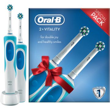Set 2 periute de dinti electrice Oral-B Vitality Plus Cross Action, 76000 oscilatii, 1 program, 2 capete, Alb/Albastru