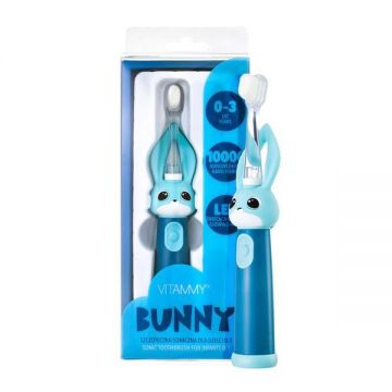 Periuta de dinti electrica Vitammy Bunny Blue, pentru copii 0-3 ani, cu lumina LED si efecte sonore, 24.000 de miscari sonice/min, 2 programe de periaj, fibre nano