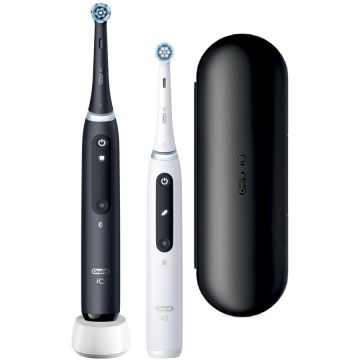 Oral-b Set 2 x Periuta de dinti electrica Oral-B iO5 cu Tehnologie Magnetica si Micro-Vibratii, Inteligenta artificiala, Display conversational, Senzor de presiune Smart, 5 moduri, 2 capete Alb-Negru