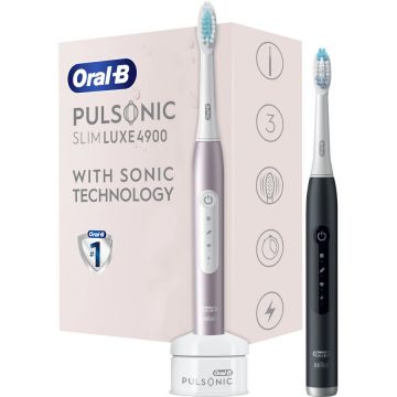 Oral-b Set 2x Oral-B Pulsonic Slim Luxe 4900 DuoPack, tehnologie de sunet moale, mișcare cu vibrații de 31 la suta, 3 moduri de periere, cronometru, aur roz și negru mat