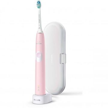 Philips Periuta de dinti sonica electrica Philips Sonicare ProtectiveClean HX6806/03, 62000 miscari/minut, 1 mod de curatare, 2 intensitati, senzor presiune, functie BrushSync, 1 cap de periere, toc de transport, Roz pastel