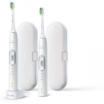 Philips Periuta electrica Philips Sonicare ProtectiveClean 6100 HX6877/34, 62.000 RPM, 3 Moduri, 3 Intensitati, 2 Functii BrushSync, 2 buc (Alb)