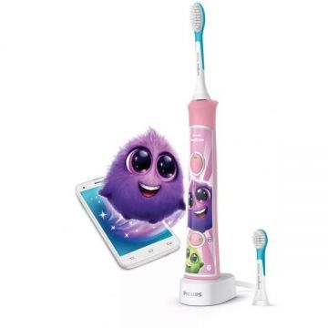 Philips Periuta electrica sonica Philips Sonicare Kids HX6352/42, 62000 miscari/minut, 2 moduri de curatare, conectivitate la aplicatie, 2 capete de periere, aplicatie de consiliere, Roz