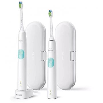 Philips Set 2 periute de dinti electrice Philips Series 4300 HX6807/35 Sonicare ProtectiveClean, 62000 miscari de curatare/minut, 2 intensitati, Trusa de calatorie, Alb