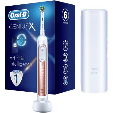 Periuta de dinti electrica Oral-B Genius X, Inteligenta artificiala, Curatare 3D, 6 programe, 1 capat, Bluetooth, Trusa de calatorie standard, Rose Gold