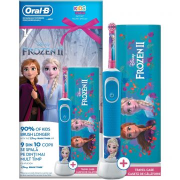 Periuta de dinti electrica pentru copii Oral-B Vitality D100 Frozen, 7600 oscilatii, 2 programe, 1 capat, 4 stickere, Albastru + Travel Case