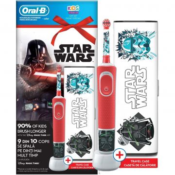 Periuta de dinti electrica pentru copii Oral-B Vitality D100 Star Wars, 7600 oscilatii, 2 programe, 1 capat, 4 stickere, Rosu + Travel Case