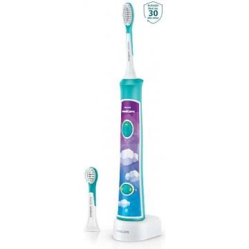 Periuta de dinti electrica Philips Sonicare Kids HX6322/04, Conectivitate Bluetooth® cu aplicatie de consiliere, 2 capete, 8 etichete de personalizare, Alb/Albastru