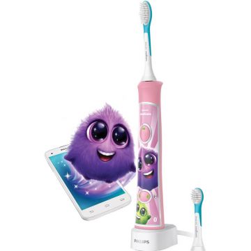 Periuta de dinti electrica Philips Sonicare Kids HX6352/42, 62000 miscari/minut, 2 moduri de curatare, Conectivitate la aplicatie, 2 capete de periere, Roz