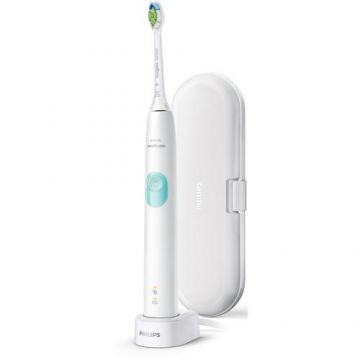 Periuta de dinti sonica electrica Philips Sonicare ProtectiveClean HX6807/28, 62000 miscari/minut, 1 mod de curatare, 2 intensitati, senzor presiune, functie BrushSync, 1 cap de periere, toc de transport, Alb cu verde menta