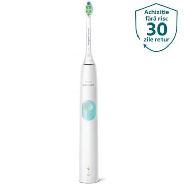 Periuta de dinti sonica electrica Philips Sonicare ProtectiveClean HX6807/63, 62000 miscari/minut, 1 mod de curatare, 2 intensitati, senzor presiune, functie BrushSync, 1 cap de periere, Alb cu verde menta