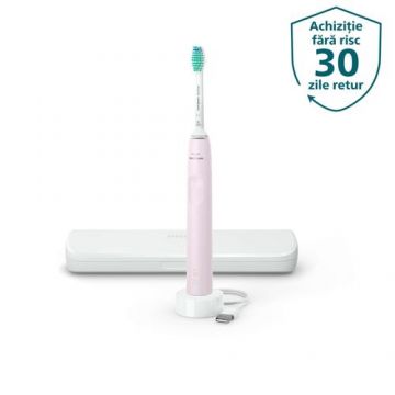 Periuta de dinti sonica electrica Philips Sonicare Seria 3100 HX3673/11, 31000 miscari/minut, 1 mod de curatare, senzor presiune, functia BrushSync, 1 cap de periere, toc de transport, Roz pastel