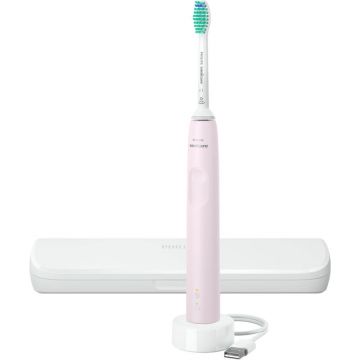 Periuta de dinti sonica electrica Philips Sonicare Seria 3100 HX3673/11, 31000 miscari/minut, Indicator baterie, Senzor presiune, Toc transport, Roz pal