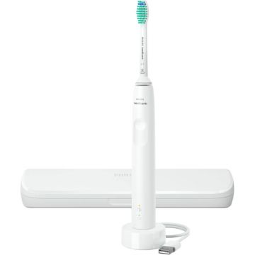 Periuta de dinti sonica electrica Philips Sonicare Seria 3100 HX3673/13, 31000 miscari/minut, 1 mod de curatare si periere, Senzor presiune, Toc transport, Alb