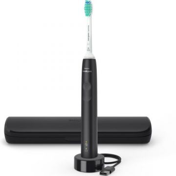 Periuta de dinti sonica electrica Philips Sonicare Seria 3100 HX3673/14, 31000 miscari/minut, 1 mod de curatare, senzor presiune, functia BrushSync, 1 cap de periere, Negru