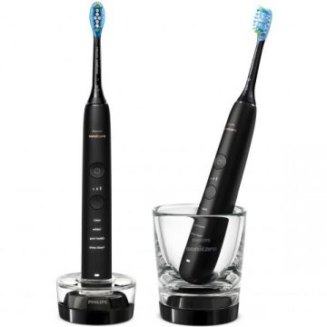 Philips Set 2 periute de dinti electrice sonice Philips Sonicare DiamondClean 9000 HX9914/54, 62000 miscari/minut, 4 moduri de curatare, 3 nivele intensitate, senzor presiune, functia BrushSync, 2 baze de incarcare, 2 capete de periere, aplicatie Sonicar