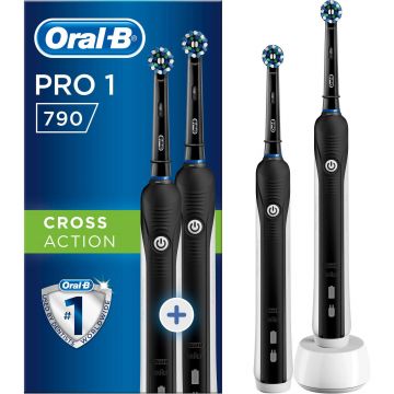 Set 2 periute de dinti electrice Oral-B Pro 1 790 Cross Action, 1 program, 2 capete, Negru