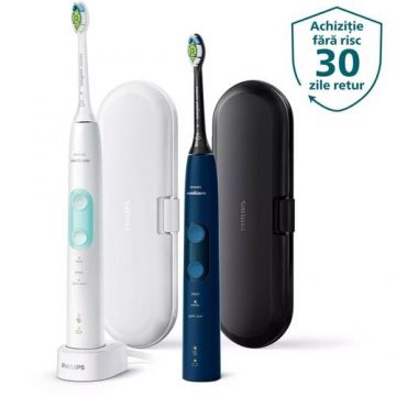 Set 2 periute Philips ProtectiveClean 5100 HX6851/34, 2 manere, 2 W2 Optimal White, 2 tocuri, 1 incarcator, 3 moduri periere, Senzor presiune, BrushSync, Rezistenta apa IPX7, Mint White and Dark Blue