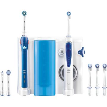 Set Irigator bucal Oral B, 5 trepte de intensitate, 4 capete, 600 ml, Alb + Periuta de dinti electrica Oral-B Pro 2 2000 Cross Action, 8800 oscilatii, 2 programe, 3 capete, Alb/Albastru