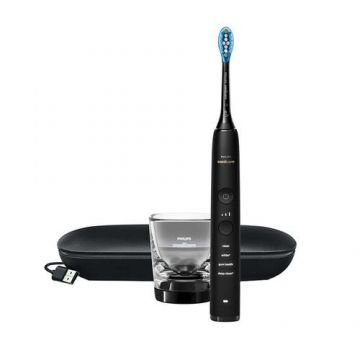 Periuta electrica sonica Philips Sonicare DiamondClean HX9911/09, 62000 miscari/minut, 4 moduri de curatare, 3 intensitati, conectivitate la aplicatie, senzor presiune, functie BrushSync, 1 cap de periere, toc de transport, pahar de incarcare, Negru