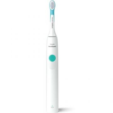 Periuta electrica sonica Philips Sonicare Kids HX3601/01, 2 intensitati, conectivitate la aplicatie, 1 capat de periere, aplicatie de consiliere, stickere (Alb/Albastru)