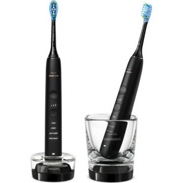 Set 2 periute de dinti electrice sonice Philips Sonicare DiamondClean 9000 HX9914/54, 62000 miscari/minut, 4 moduri de curatare, 3 nivele intensitate, senzor presiune, functia BrushSync, 2 baze de incarcare, 2 capete de periere, aplicatie Sonicare, Negru