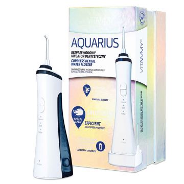 Irigator oral/ dus bucal Vitammy Aquarius, incarcare wireless, 3 moduri de functionare, varf rotativ la 360 de grade, 2 duze, capacitate rezervor 150 ml, Alb