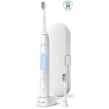 Periuta de dinti electrica Philips Sonicare ProtectiveClean 5100 HX6859/29, Senzor presiune, Memento inlocuire capat, Cronometru 2 min, 3 Moduri, 2 Capete, Trusa de calatorie (Alb/Albastru)