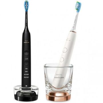 Philips Set 2 periute electrice sonice Philips Sonicare DiamondClean 9000 HX9914/57, functie BrushSync, 4 moduri de periere, 3 nivele de intensitate, senzor de presiune, 2 capete de periere, 2 baze cu rol de incarcare, Negru / Rose gold