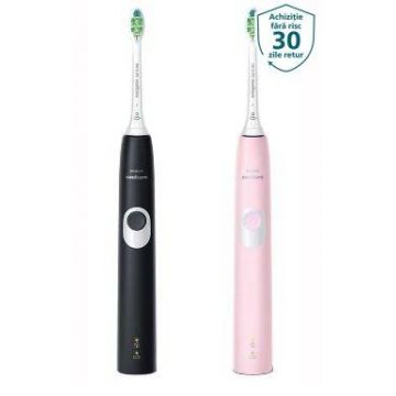 Set 2 Periute de dinti electrice Philips Sonicare ProtectiveClean 4300 HX6800/35, 62.000 miscari/min, 1 mod de curatare, 2 Capete, 2 Truse de calatorie (Negru/Roz)