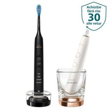 Set 2 periute electrice sonice Philips Sonicare DiamondClean 9000 HX9914/57, Functie BrushSync, 4 moduri de periere, 3 nivele de intensitate, 2 capate de periere (Negru/Rose Gold)