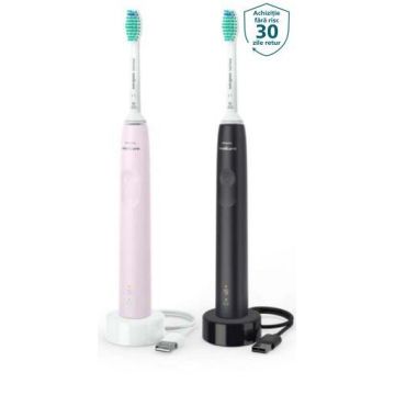 Set de 2 periute de dinti electrice sonice Philips Sonicare Seria 3100 HX3675/15, 31000 miscari/minut, 1 mod de curatare, Senzor presiune, Functia BrushSync, 2 capete de periere (Roz/Negru)