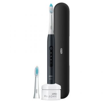 Periuta de dinti electrica Oral-B Pulsonic Slim Luxe 4500, 3 moduri periaj, 2 capete incluse, Husa de calatorie (Alb/Negru)