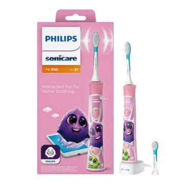 Periuta electrica sonica Philips Sonicare Kids HX6352/42, 62000 miscari/minut, 2 moduri de curatare, conectivitate la aplicatie, 2 capete de periere, aplicatie de consiliere, Roz