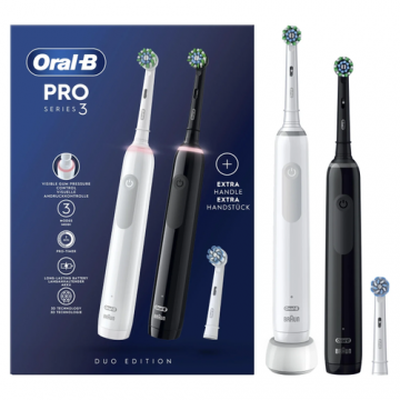 Periute de dinti electrice Oral-B Pro 3 3900 Duopack, 3 moduri periaj, Timer, 2 capete incluse (Alb/Negru)