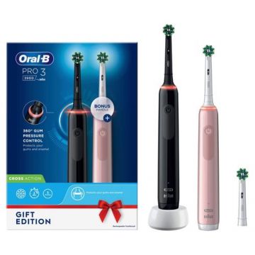 Periute de dinti electrice Oral-B Pro 3 3900N Gift Edition, 3 moduri periaj, 3 capete incluse, Timer (Negru/Roz)