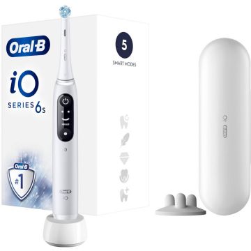 BRAUN Periuta de dinti electrica Oral-B iO6 Series cu tehnologie magnetica si micro-vibratii, inteligenta artificiala, display led interactiv, senzor de presiune smart, timer vizibil, 5 moduri, 1 capat, trusa de calatorie, alb