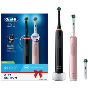 BRAUN Periute de dinti electrice Braun Oral-B Pro 3 3900N Gift Edition, 3 moduri periaj, 3 capete incluse, Timer, Negru/Roz