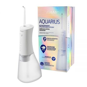 Irigator oral/ dus bucal Vitammy Aquarius, 3 moduri de functionare, varf rotativ la 360 de grade, 4 duze, capacitate rezervor 320 ml, Alb