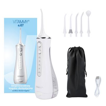 Irigator oral/ dus bucal Vitammy eJET, 4 moduri de functionare, 5 duze interschimbabile, reincarcare prin USB, functia GentleStart si SmartTimer, rezervor 200 ml