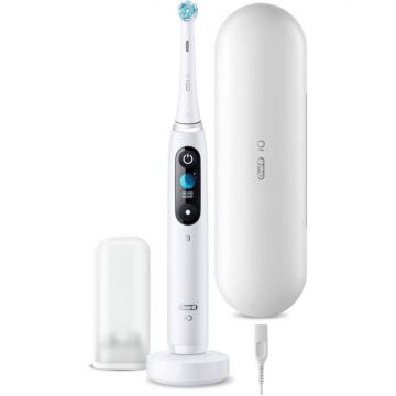 Oral-b Periuta de dinti electrica Oral-B iO9, Tehnologie Magnetica, Micro-Vibratii, Inteligenta artificiala, Display led, Senzor de presiune Smart, Timer, 7 moduri, 1 capat, Suport rezerve, Incarcator magnetic, Trusa de calatorie cu incarcator, Alb