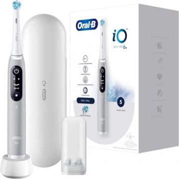 Periuta de dinti electrica Oral-B iO6N cu Tehnologie Magnetica si Micro-Vibratii, Inteligenta artificiala, Display led interactiv, Senzor de presiune Smart, Timer vizibil, 5 moduri, 2 capete, Trusa de calatorie (Gri)