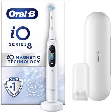 Periuta de dinti electrica Oral-B iO8 cu Tehnologie Magnetica si Micro-Vibratii, Inteligenta artificiala, Display led interactiv, Senzor de presiune Smart, Timer vizibil, 6 moduri, 1 capat, Suport rezerve, Incarcator magnetic, Trusa de calatorie, Alb