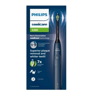 Periuta de dinti electrica Philips Sonicare 5300 HX7103/01, 62.000 miscari/minut, autonomie 21 zile, 1 mod periere, 2 intensitati, senzor presiune integrat, functia BrushSync, include cap de periere W2 Optimal White, Albastru