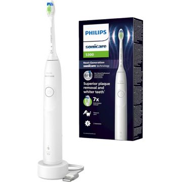 Periuta de dinti electrica Philips Sonicare 5300 HX7108/01, 62000 miscari/min, 2 trepte intensitate, Memento BrushSync, Alerta presiune, Temporizator 2 min, 1 capat, Alb