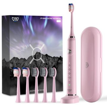 Periuta Dinti Electrica JTF Sonic, Roz, P200, 6 Capete Periuta, Trusa Calatorie, Suport Incarcare