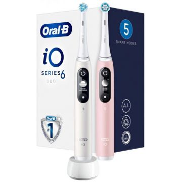 Periute de dinti electrice Oral-B iO6, 5 moduri periaj, Timer, Senzor presiune Smart (Alb/Roz)