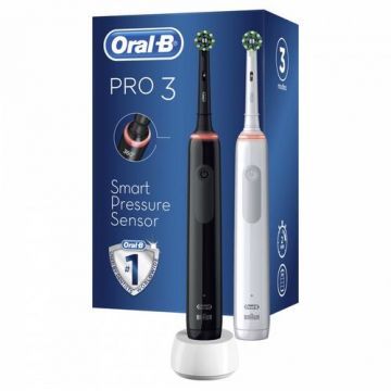 Periute de dinti electrice Oral-B Pro 3 3900 Duopack, 3 programe, Tehnolodie 3D, 2 capete incluse (Negru/Alb)
