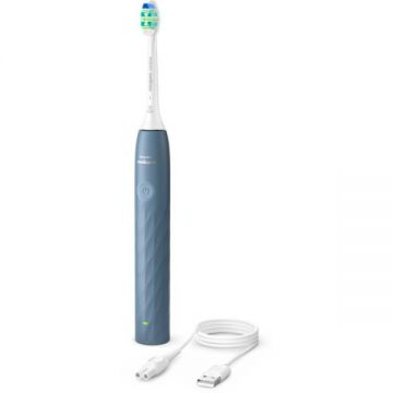 Philips Periuta de dinti electrica Philips Sonicare 1100 HX3901/03, 1 mod, 1 intensitate, Fluid Action, BrushPacer, SmartTimer, autonomie 14 zile, Albastru marin