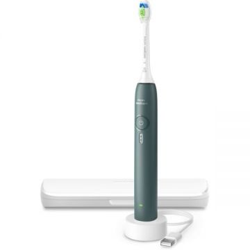 Philips Periuta de dinti electrica Philips Sonicare 3100 HX4033/26, Senzor presiune, 1 mod, 3 intensitati, Fluid Action, BrushPacer, SmartTimer, O incarcare 14 zile, Toc de transport , Alb-Verde